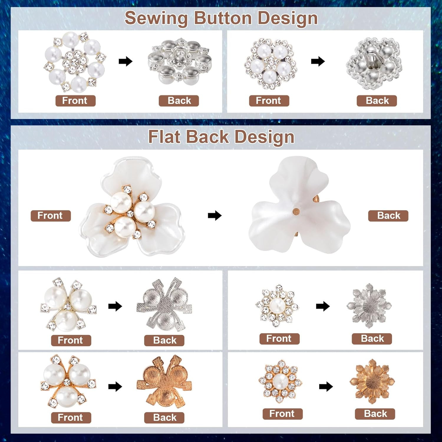 14 Pcs Pearl Rhinestone Buttons, Crystal Embellishments Flat Back Button, Flower