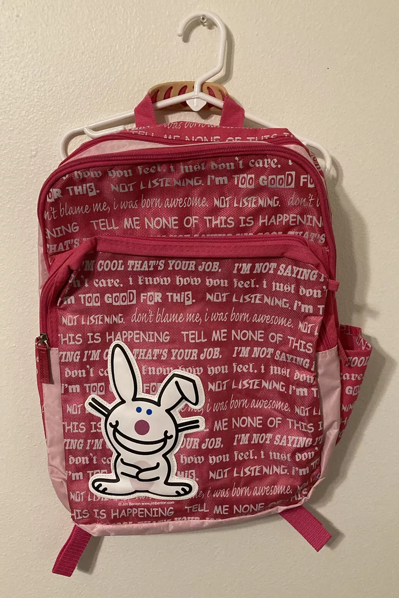 Vintage Y2K Happy Bunny Pink Backpack All Over Text Jim Benton 16 by 12