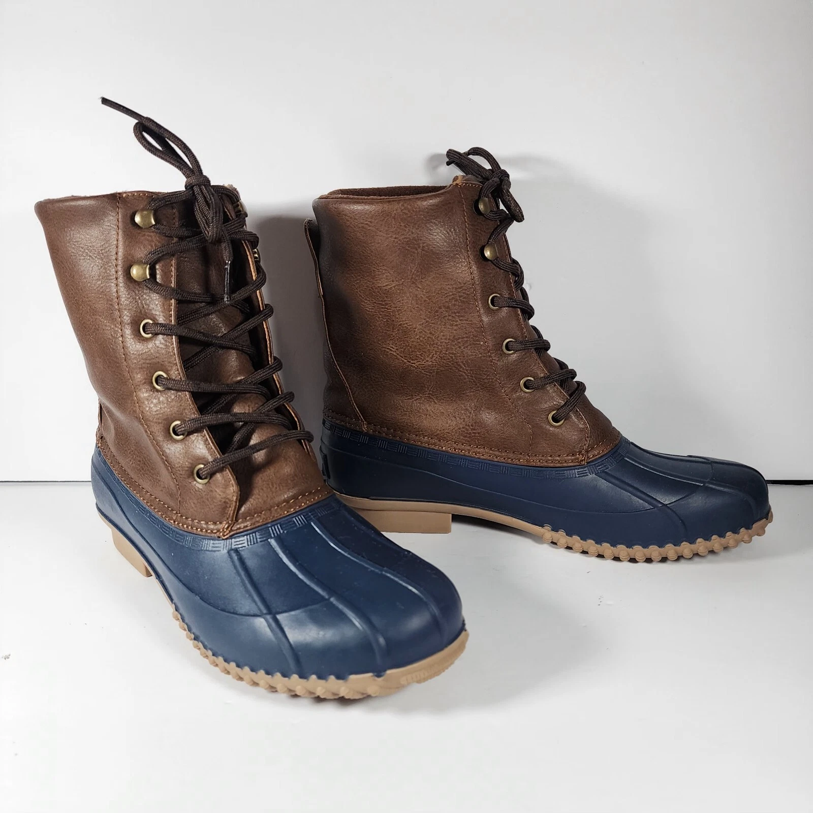 Snow Boots Men US 10 Brown/Blue Leather Ankle Waterproof Lace Up London Fog