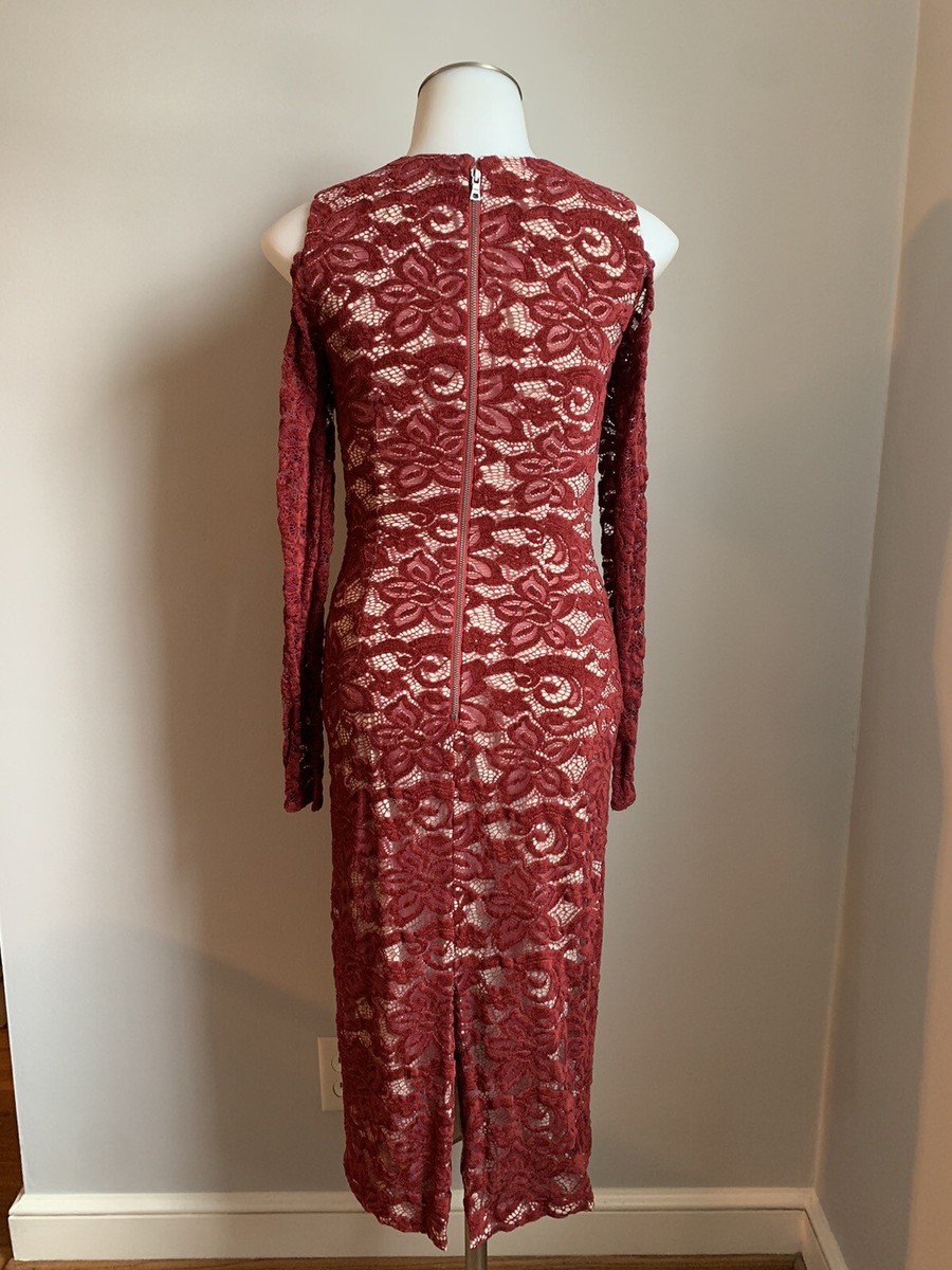 alice and olivia burgundy dress Women's + Nude Lace MIDI Cold Shoulder Long Sleeve 0 oversized dress