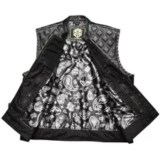 Men's Black Leather Diamond Motorcycle Vest with Concealed White Waistcoat