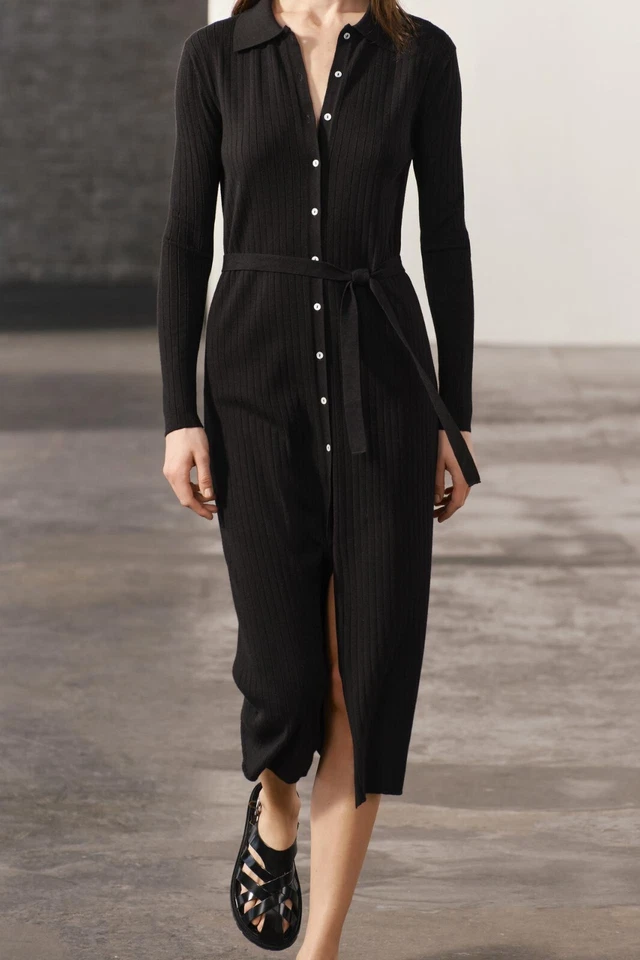 ZARA BLACK RIBBED KNIT SWEATER DRESS BUTTON FRONT MIDI 3519/154 M NO BELT - Image 2 of 4