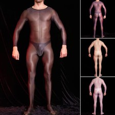 Mens Super Elastic Oil Shiny Glossy Bodystocking Catsuit Sheer Bodysuit Jumpsuit