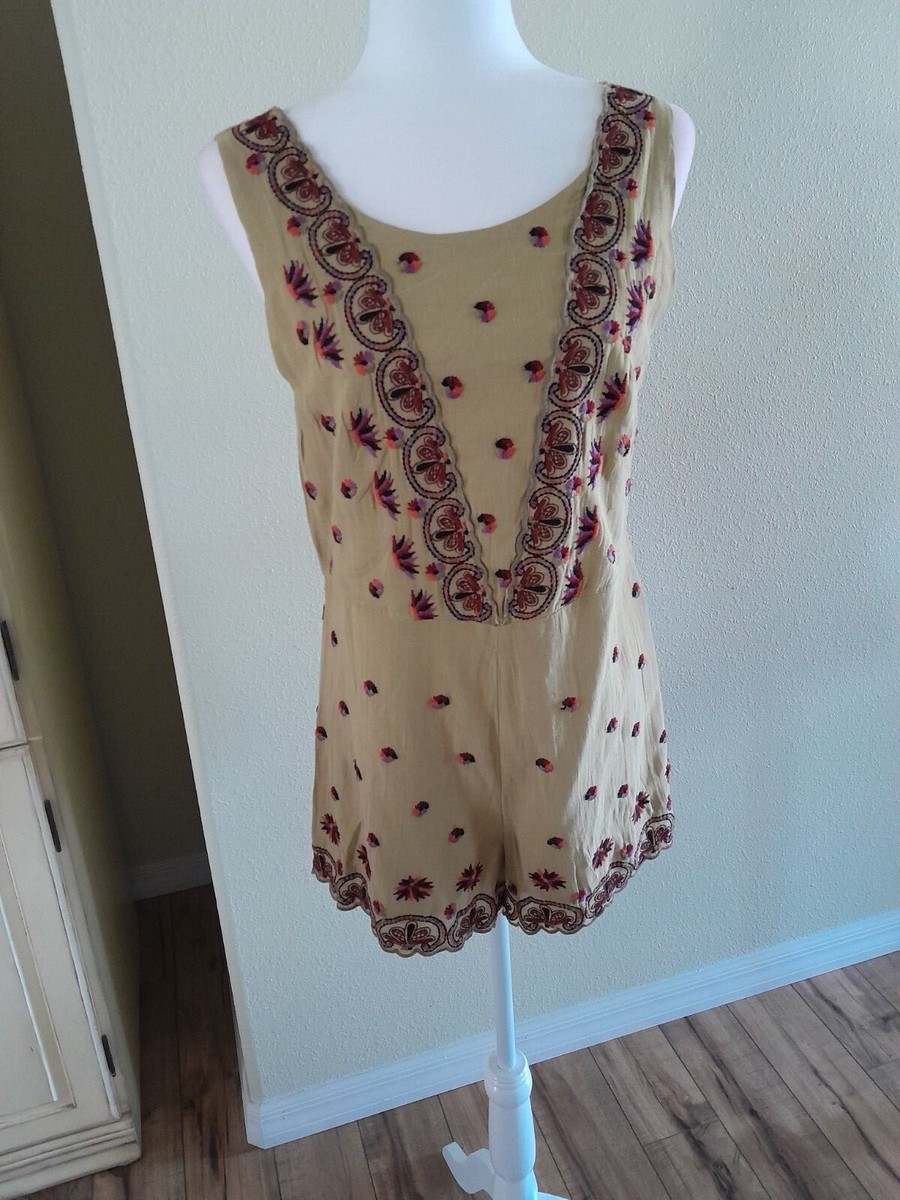 Free People Margarita Embroidered Romper Jumpsuit Moss $108 NWT