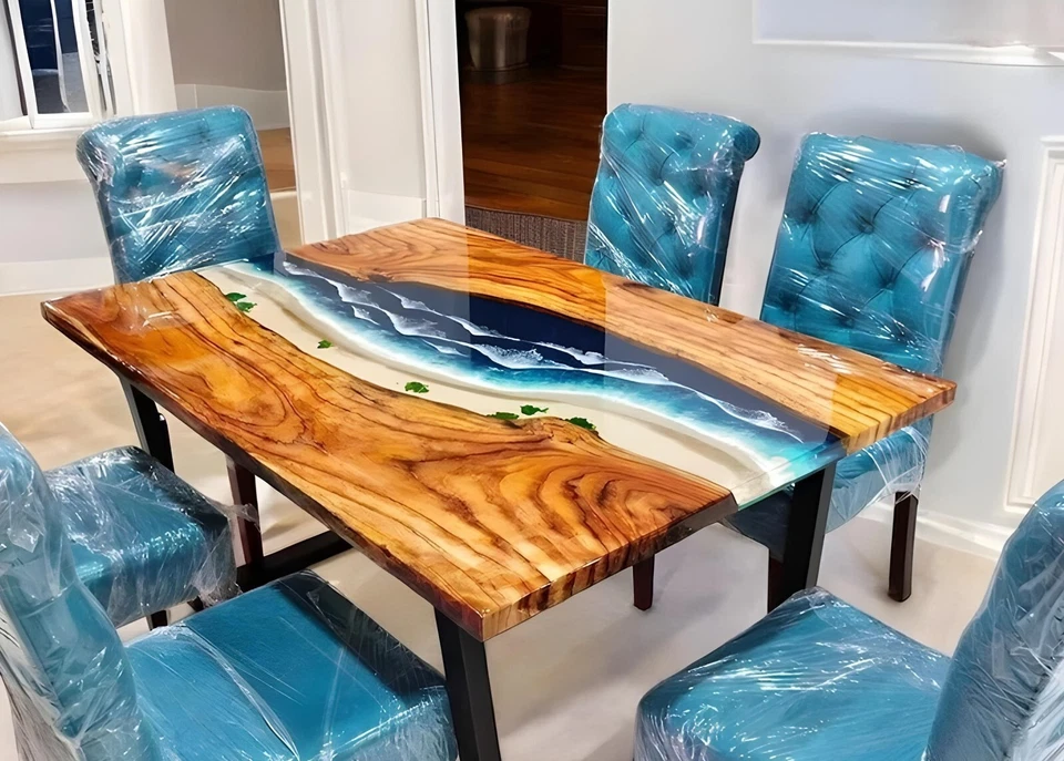 Handmade Epoxy Resin Blue Ocean Wave Dining Table Luxury Reception Counter Desk - Image 4 of 4