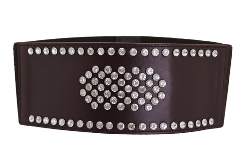 Women Dark Brown Elastic Wide Dress Up Trendy Belt Hip Waist Silver Shield M L - Picture 5 of 23