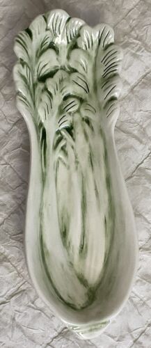 70s Spoon Rest Or Relish Dish Green Celery Shaped Ceramic 10.5" Cottage Farm - Picture 1 of 10