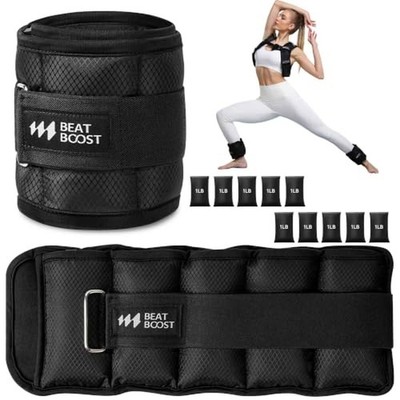 Beatboost Ankle Weights Adjustable 10lb for Women Men Black