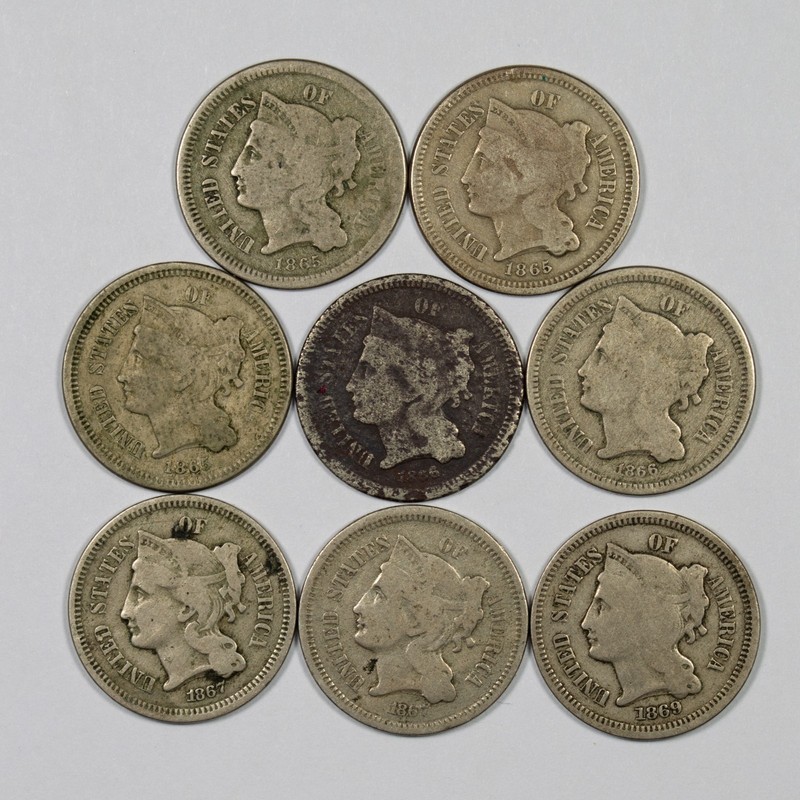 Lot of (8) Nickel Three Cent Pieces - 3x 1865, 2x 1866, 2x 1867, 1869