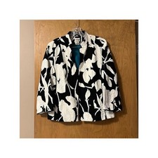 Chicos Floral Jacquard Blazer Jacket Black White Turquoise Lining Size 2 L 12