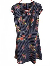 Womens Navy Blue Stripe Floral Fit Flare Dress Short Sleeve Pleated Neck