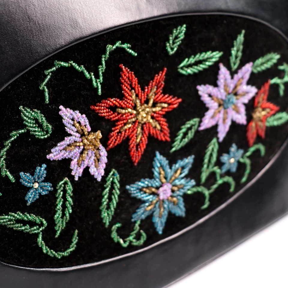 Vtg Beaded Floral Handbag Purse 1960s MCM Black Faux Leather Top Handle Flowers - Image 4 of 4