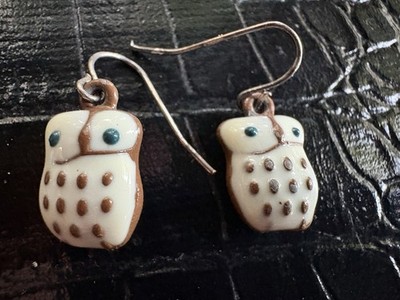 Owls Owl Earrings Hand Painted Pierced Copper Tone & Enamel Dangle Hook Cream