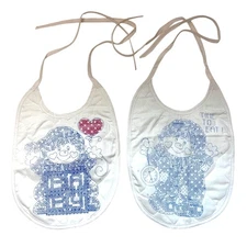 2 Vintage Partially Finished Stamped Cross Stitch Baby Bibs Clown