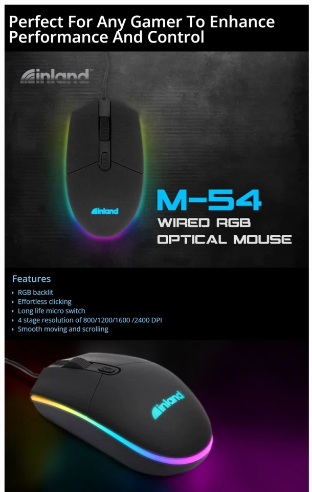 INLAND M-54 RGB ESPORT GAMING MOUSE WIRED PC MAC ANDROID CHROME LINUX #087700 - Image 4 of 4