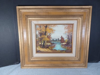 Vtg Oil Paint Forest Lake Scene Fall Autumn Signed Russell Frame 16.5'' x 18.5''