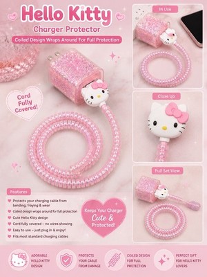 Hello Kitty USB Charger Cable Protector Coiled Wrap Cover Glitter Pink/White