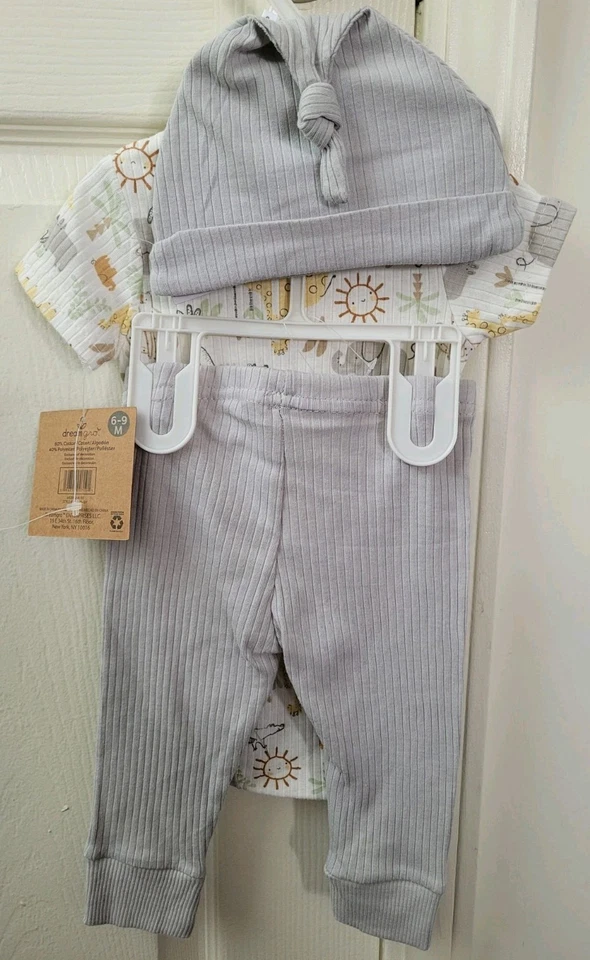 NWT DreamGro 3-Piece Baby Outfit Safari Animals Bodysuit Pants Hat 6-9 Mos Gray - Image 2 of 2
