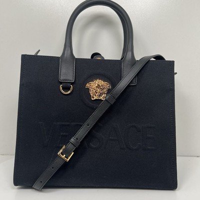 Versace La Medusa Small Canvas Tote Black And Gold