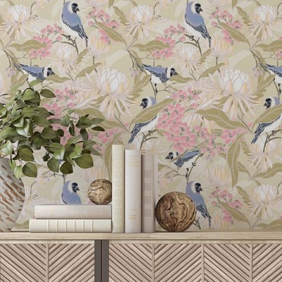 Metallic Pink Floral Blossoms Blue Bird  Wallpaper SHEET Peel Stick Eco Friendly