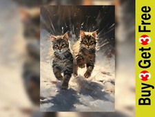 Running Kittens Oil Painting 5" x 7" print on matte paper, Whimsical Cat Artwork