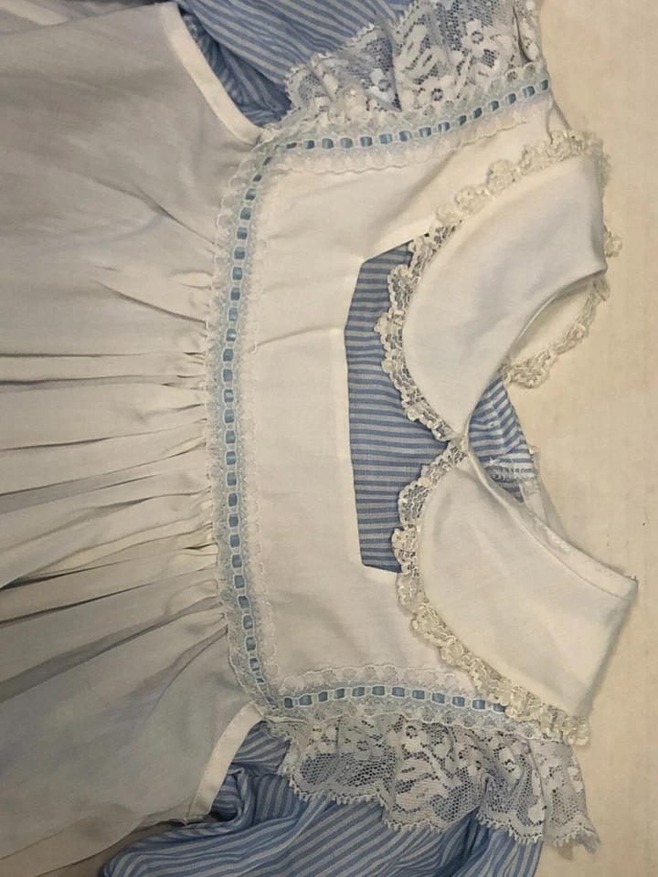 Vintage Bryan Pinafore Dress 4 White Blue Striped Lace Trim Ruffle full circle - Image 4 of 4
