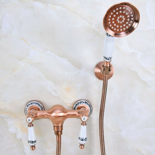 Red Copper Antique Dual Ceramic Handle Bath Shower Mixer Tap w /Hand Spray - Picture 3 of 7