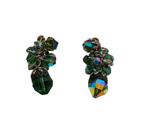 VENDOME Vintage Earrings Faceted Green AB Crystal Signed Screw Back Dangle - Picture 4 of 7