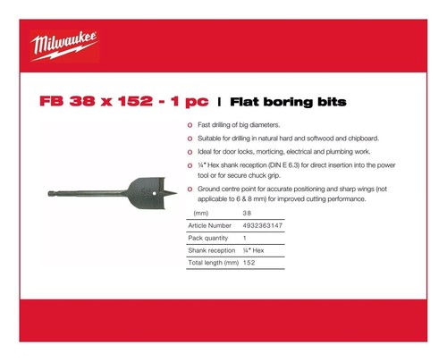 Milwaukee 4932363147 - Flachbohrer 38 mm x 152 mm - 1 Stück - Bild 3 von 3