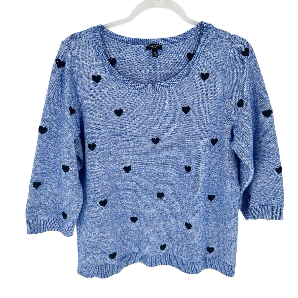 Talbots Sweater Womens Plus X Blue Heathered Embroidered Hearts Pullover