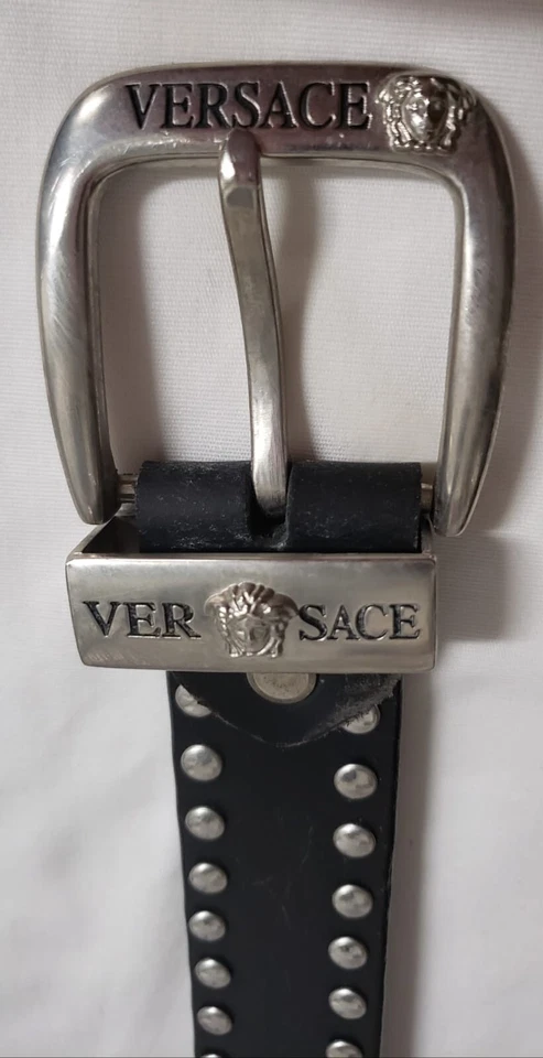 Cinturón Gianni Versace Unisex Negro Plata Cabeza de Medusa Cuero Tachonado Grande 41,5 cm Foto 4 de 4