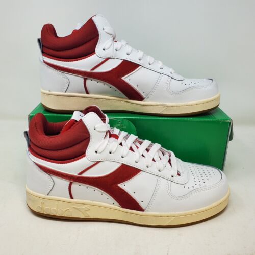 Men's Diadora Magic Basket Demi Cut Suede Leather Shoes / White Red / 501 178564 - Picture 1 of 5