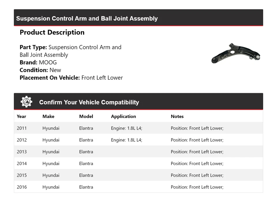 Рычаг управления передний левый нижний для Hyundai Elantra 2011-2016 годов выпуска MOOG 2011 2012 2013 годов выпуска - Изображение 2 из 4