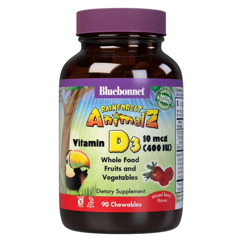Bluebonnet Rainforest Animalz Vitamin D3 10 Mcg 400 IU Mixed Berry 90 Chewables