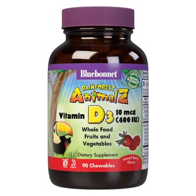 Bluebonnet Rainforest Animalz Vitamin D3 10 Mcg 400 IU Mixed Berry 90 Chewables