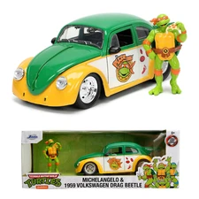 Jada 1:24 1959 VW Drag Beetle & Michelangelo Figure TMNT 33741 Hollywood Rides