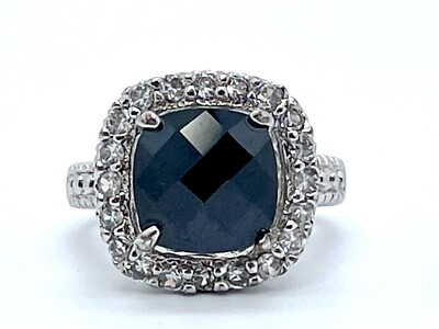 Faceted Black Glass & Clear Crystals Estate Look Ring Sz 6 Silver Tone Chunky