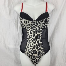 Frederick's of Hollywood Bodysuit Teddy Snow Leopard Print Sequin Lips Size L