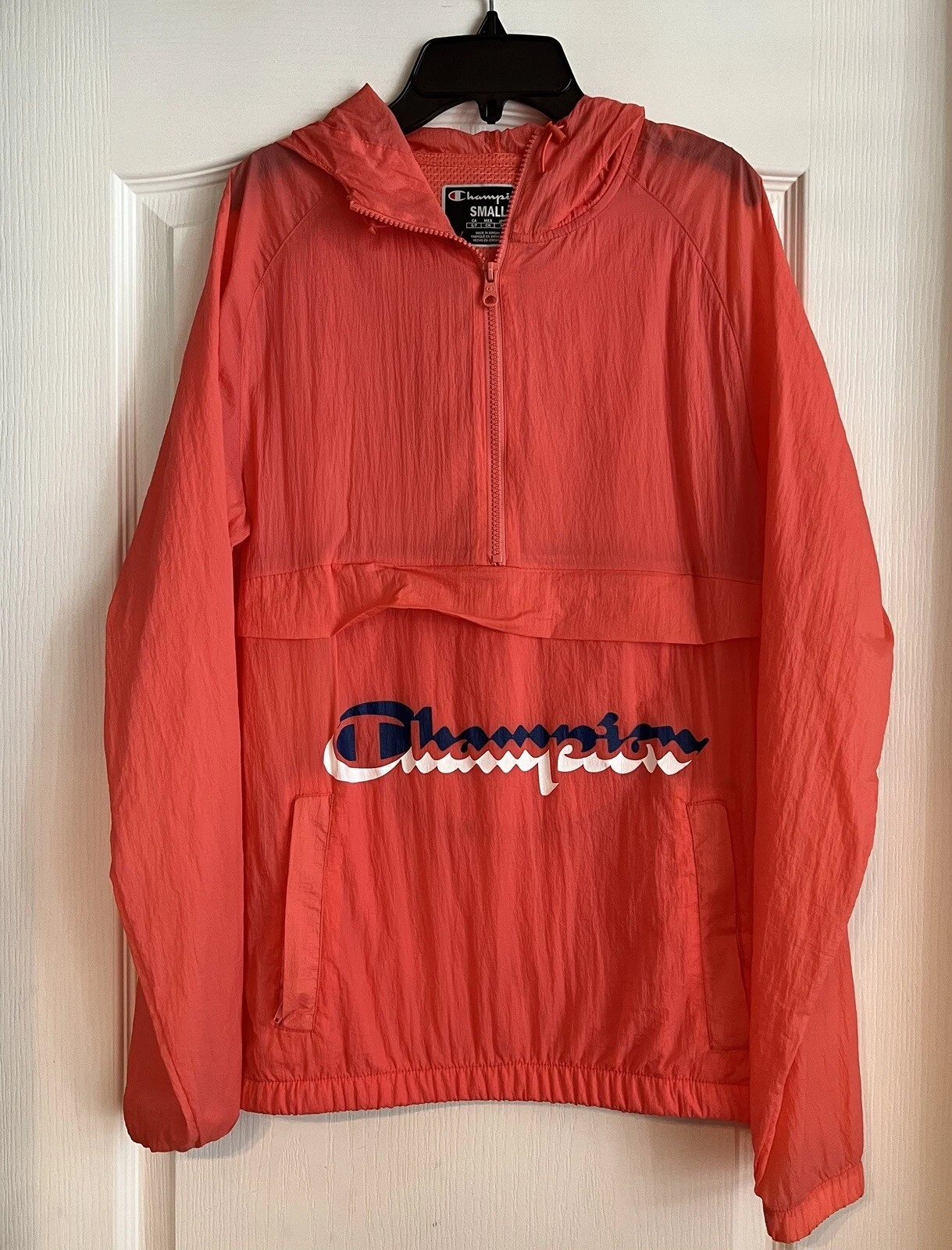 Champion Jacket Mens Small Coral Anorak Windbreaker Hooded Pullover Lightweight