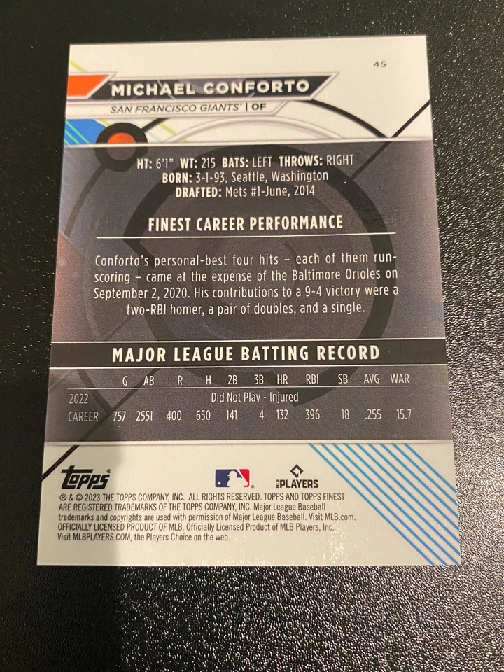 2023 Topps Finest Michael Conforto Green /99 - Image 2 of 2