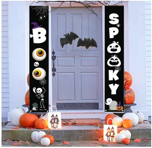 Decoración de Halloween Colgante Puerta Frontal Porche Estandarte ESPELUZNANTE Y ABUCHEO NUEVO - Imagen 4 de 5
