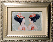 SORELLE CON CAPPELLINO dipinto olio 20x30cm di Nicola VIETTI quadro in cornice