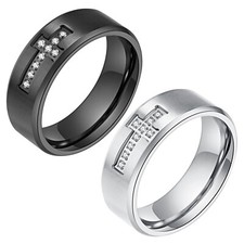 Christian Rhinestone Inlayed Cross Ring for Men Stainless Steel Band Size 8-13