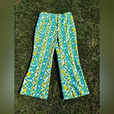 60s Vintage Green White and Blue Geometric Circle Print Kick Flares