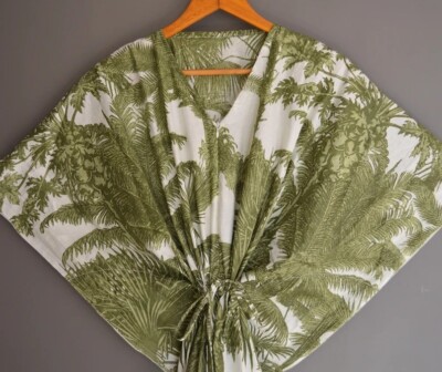 India Handmade Green Tree Kaftan Summer Bikini Cover Up Maxi Beach Kimono Dress