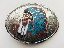 Vintage 1988 Silver Belt Buckle Inlaid Turquoise Coral Indian Chief Head Dress