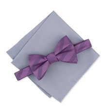 Alfani Men's Sidney Stripe Bow Tie Solid Pocket Square Set Plum 57650