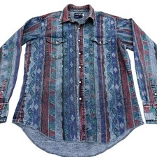 Vintage 90s Wrangler Western Shirt L USA Southwestern Aztec Pearl Snap Denim