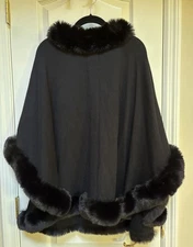 Adrienne Landau Faux Fur Trim Knit Black Poncho Women's One Size Pullover