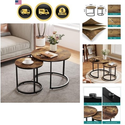 Nesting Coffee Table Set of 2, 23.6'' Round Coffee Table Rustic Wood Top with ...